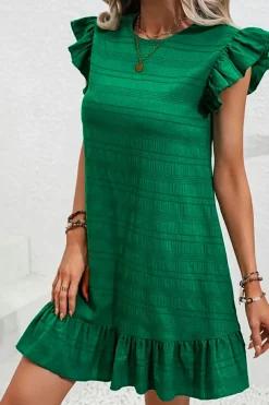 Clearance Dear-Lover Textured Flutter Sleeve Ruffled Mini Dress Dark Green