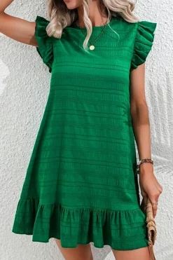 Clearance Dear-Lover Textured Flutter Sleeve Ruffled Mini Dress Dark Green