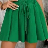 Discount Dear-Lover Textured Frilled Lace-up High Waist Ruffle Wide Leg Shorts Dark Green