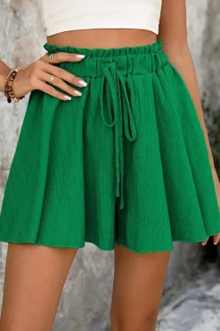Discount Dear-Lover Textured Frilled Lace-up High Waist Ruffle Wide Leg Shorts Dark Green