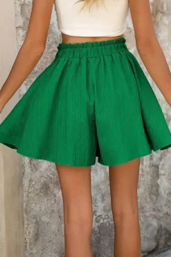 Discount Dear-Lover Textured Frilled Lace-up High Waist Ruffle Wide Leg Shorts Dark Green