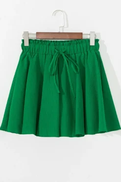 Discount Dear-Lover Textured Frilled Lace-up High Waist Ruffle Wide Leg Shorts Dark Green