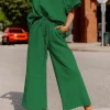 Sale Dear-Lover Textured Loose Fit T Shirt and Drawstring Pants Set Dark Green