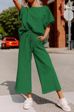 Sale Dear-Lover Textured Loose Fit T Shirt and Drawstring Pants Set Dark Green