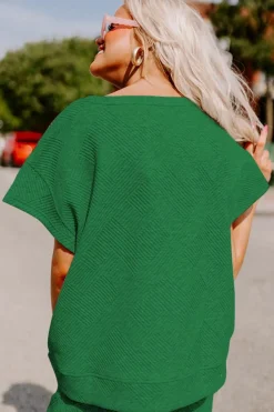 Sale Dear-Lover Textured Loose Fit T Shirt and Drawstring Pants Set Dark Green