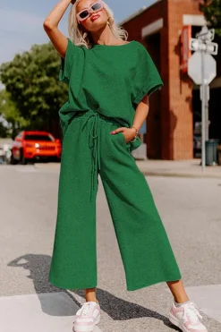 Sale Dear-Lover Textured Loose Fit T Shirt and Drawstring Pants Set Dark Green