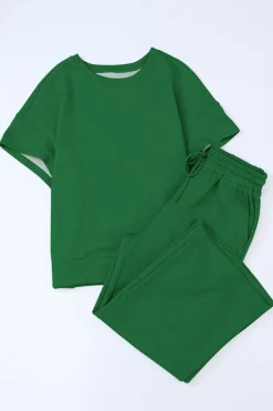 Sale Dear-Lover Textured Loose Fit T Shirt and Drawstring Pants Set Dark Green