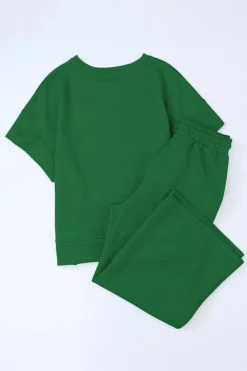 Sale Dear-Lover Textured Loose Fit T Shirt and Drawstring Pants Set Dark Green