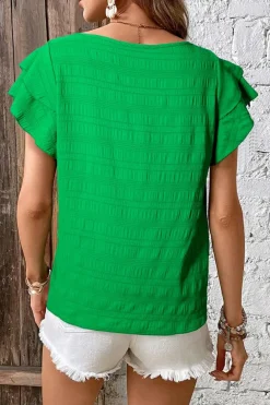 Fashion Dear-Lover Textured Ruffled Sleeve Round Neck Top Dark Green