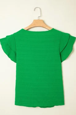 Fashion Dear-Lover Textured Ruffled Sleeve Round Neck Top Dark Green