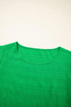 Fashion Dear-Lover Textured Ruffled Sleeve Round Neck Top Dark Green