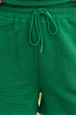 Best Dear-Lover Textured Ruffle Split Top and Drawstring Shorts Dark Green