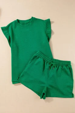 Best Dear-Lover Textured Ruffle Split Top and Drawstring Shorts Dark Green
