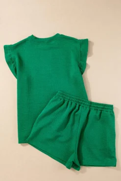 Best Dear-Lover Textured Ruffle Split Top and Drawstring Shorts Dark Green