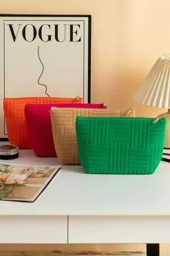 Fashion Dear-Lover Textured Woven Pattern Zipper Cosmetic Bag Dark Green