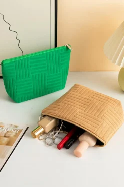 Fashion Dear-Lover Textured Woven Pattern Zipper Cosmetic Bag Dark Green