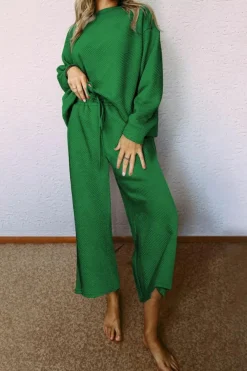 Discount Dear-Lover Ultra Loose Textured 2pcs Slouchy Outfit Dark Green