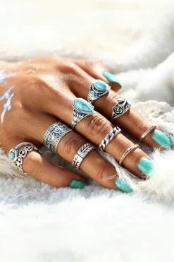 Clearance Dear-Lover Vintage Turquoise Decor 10Pcs Rings Set Dark Green