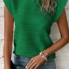 Fashion Dear-Lover Wavy Textured Mock Neck Cap Sleeve Top Dark Green