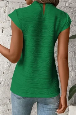 Fashion Dear-Lover Wavy Textured Mock Neck Cap Sleeve Top Dark Green