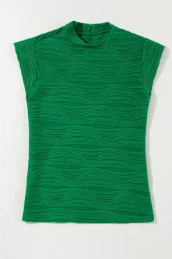 Fashion Dear-Lover Wavy Textured Mock Neck Cap Sleeve Top Dark Green