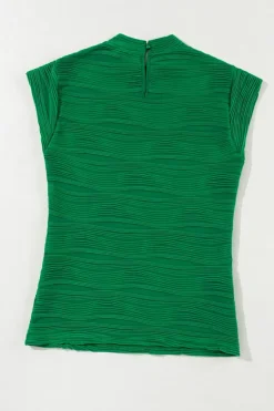 Fashion Dear-Lover Wavy Textured Mock Neck Cap Sleeve Top Dark Green