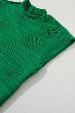 Fashion Dear-Lover Wavy Textured Mock Neck Cap Sleeve Top Dark Green