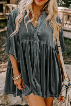 Discount Dear-Lover 3/4 Sleeve Tunic Babydoll Velvet Shirt Dark Grey