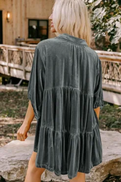 Discount Dear-Lover 3/4 Sleeve Tunic Babydoll Velvet Shirt Dark Grey