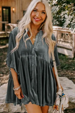 Discount Dear-Lover 3/4 Sleeve Tunic Babydoll Velvet Shirt Dark Grey