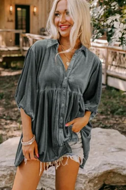 Discount Dear-Lover 3/4 Sleeve Tunic Babydoll Velvet Shirt Dark Grey