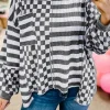 Hot Dear-Lover Dark Grey Checkerboard Striped Patchwork Lantern Sleeve Pocketed Blouse Black