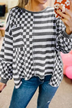 Hot Dear-Lover Dark Grey Checkerboard Striped Patchwork Lantern Sleeve Pocketed Blouse Black