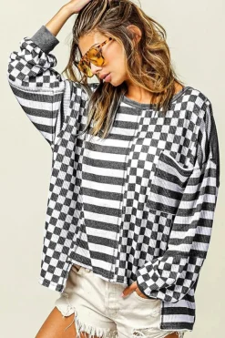 Hot Dear-Lover Dark Grey Checkerboard Striped Patchwork Lantern Sleeve Pocketed Blouse Black