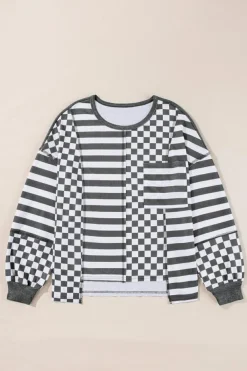 Hot Dear-Lover Dark Grey Checkerboard Striped Patchwork Lantern Sleeve Pocketed Blouse Black