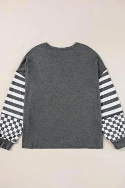 Hot Dear-Lover Dark Grey Checkerboard Striped Patchwork Lantern Sleeve Pocketed Blouse Black