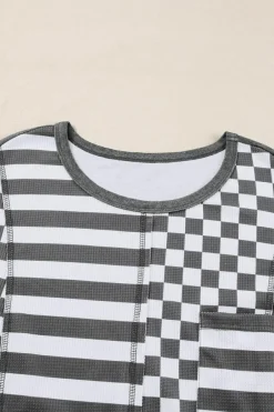 Hot Dear-Lover Dark Grey Checkerboard Striped Patchwork Lantern Sleeve Pocketed Blouse Black