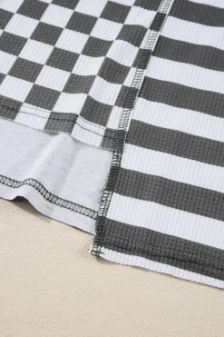 Hot Dear-Lover Dark Grey Checkerboard Striped Patchwork Lantern Sleeve Pocketed Blouse Black
