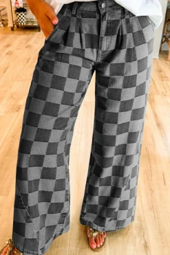 Hot Dear-Lover Checkered Denim Wide Leg Jeans Dark Grey