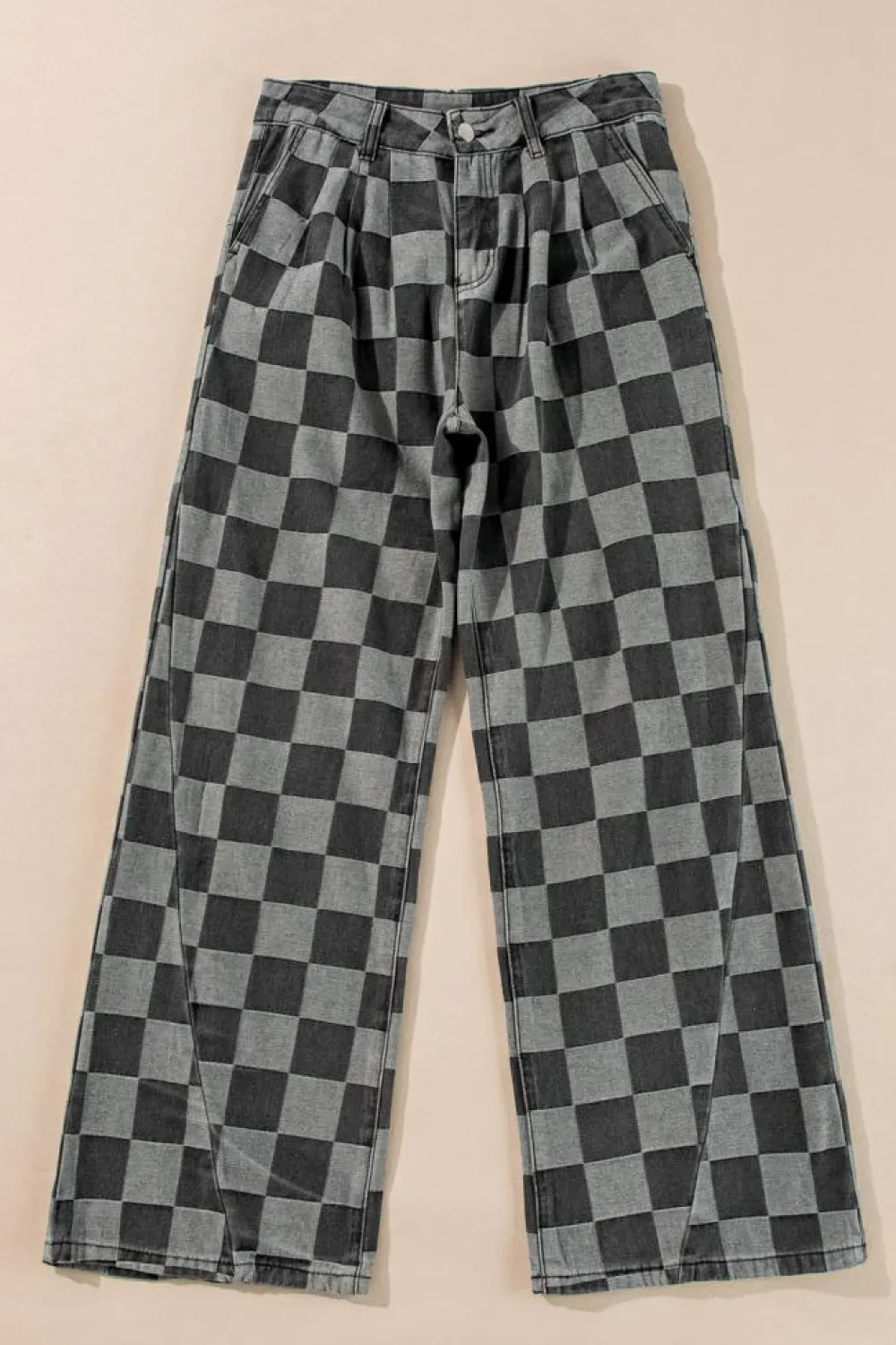 Hot Dear-Lover Checkered Denim Wide Leg Jeans Dark Grey