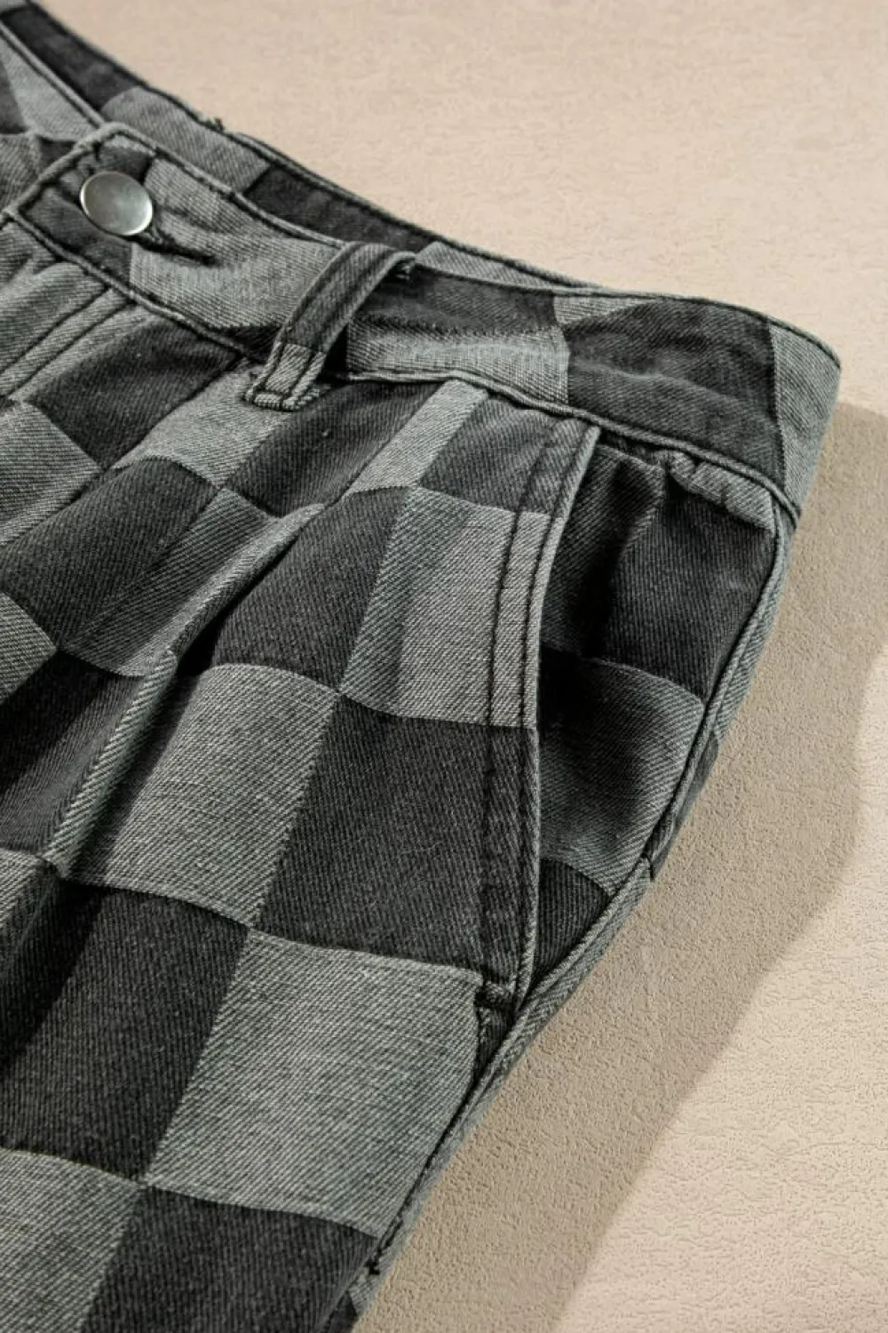 Hot Dear-Lover Checkered Denim Wide Leg Jeans Dark Grey