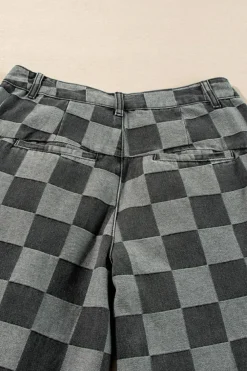Hot Dear-Lover Checkered Denim Wide Leg Jeans Dark Grey