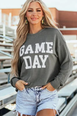Sale Dear-Lover Corded GAME DAY Graphic Long Sleeve Crewneck Top Dark Grey