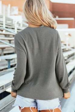Sale Dear-Lover Corded GAME DAY Graphic Long Sleeve Crewneck Top Dark Grey