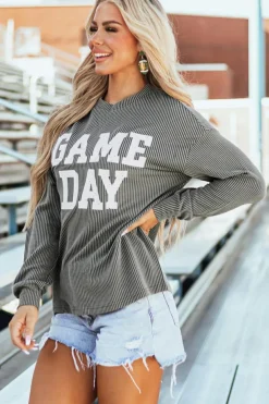 Sale Dear-Lover Corded GAME DAY Graphic Long Sleeve Crewneck Top Dark Grey