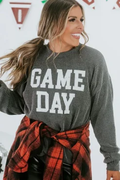 Sale Dear-Lover Corded GAME DAY Graphic Long Sleeve Crewneck Top Dark Grey