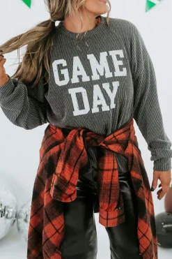 Sale Dear-Lover Corded GAME DAY Graphic Long Sleeve Crewneck Top Dark Grey
