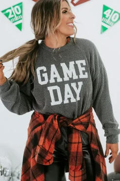 Sale Dear-Lover Corded GAME DAY Graphic Long Sleeve Crewneck Top Dark Grey