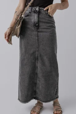 Clearance Dear-Lover Denim Raw Hem Back Split High Waist Long Skirt Dark Grey
