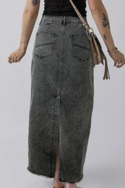 Clearance Dear-Lover Denim Raw Hem Back Split High Waist Long Skirt Dark Grey